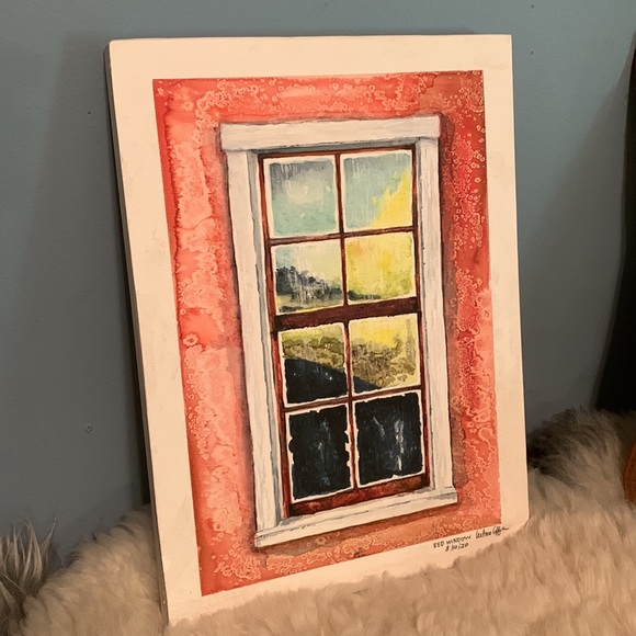 Red wall window watercolor painting 11” by 15” on birch board by local artist. - Picture 7 of 9